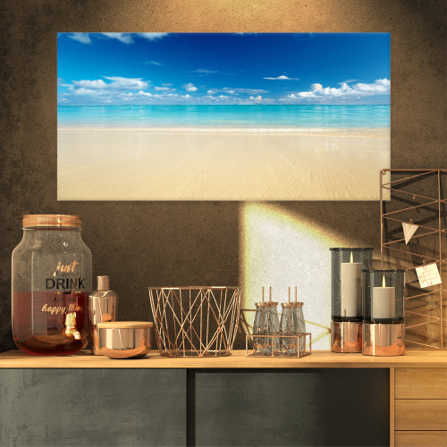 Designart PT11626-32-16 Sand of Beach in Calm Caribbean Shore Modern Seascape Canvas Artwork, 32x16, Blue Designart PT11626-32-16 Sand of Beach in Calm Caribbean Shore Modern Seascape Canvas Artwork, 32x16, Blue