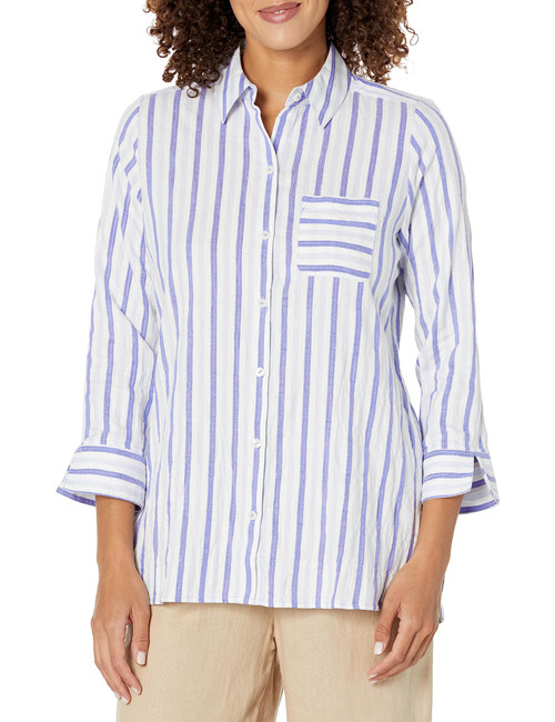 Foxcroft Women's Size Germaine 3/4 Sleeve Soft Stripe Shirt, Blue Multi, 16 Plus