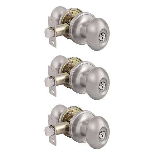 Probrico Brushed Nickel Door Knobs with Lock, Oval Keyed Alike Entry Door Knobs, Exterior/Front Door Knob with Lock and Key Unique Door Knobs 3 Pack