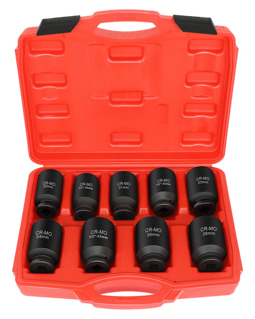 SCITOO 9pcs 1/2" Drive Deep Spindle Axle Nut Impact Socket Set, 29-38mm, 6 Point Hex Drive Metric Axle Hub Nut Socket Set