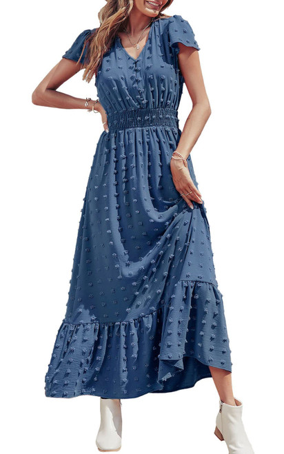 PRETTYGARDEN Womens Boho Dress Short Sleeve V Neck Ruffle Tiered Maxi Dress Swiss Dot Smocked Dress Beach Flowy Long Dress (Medium, Blue)