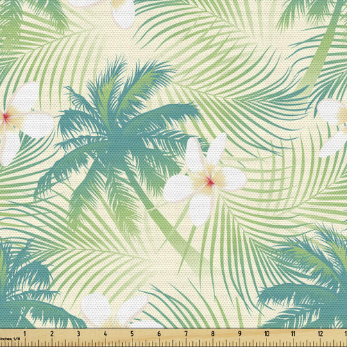 Lunarable Leaf Fabric by The Yard, Oceanic Island Palm Tree Leaves with Papaya Crepe Ginger Flowers Art Print, Decorative Fabric for Upholstery and Home Accents, 3 Yards, Green Blue