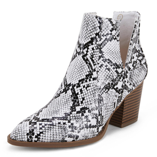 FISACE Womens V Cut Out Ankle Boot Pointed Toe Snakeskin Chunky Stacked Mid Heel Booties
