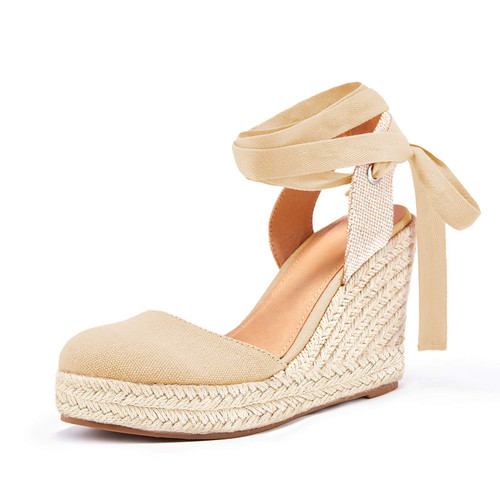 FISACE Womens Summer Lace Up Espadrilles Wedge Sandals Closed Toe Ankle Strap Platform Shoes