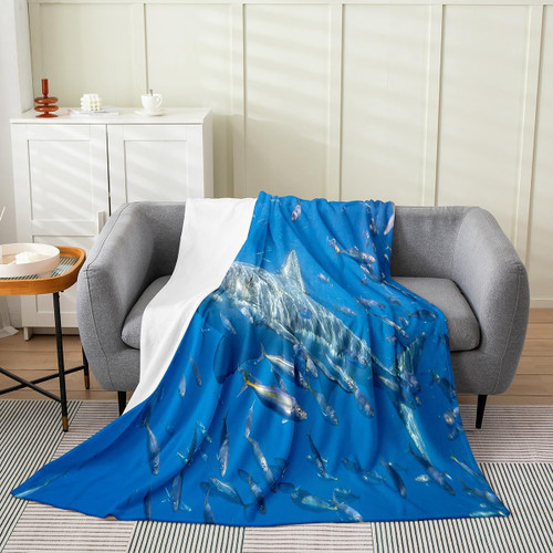 3D Shark Throw Blanket for Kids, Ocean Themed Sherpa Blanket Bedroom Decor, Marine Life Underwater World Flannel Fleece Blanket, Sparkle Sea Wave Plush Blanket for Couch Bed Sofa Home Dorm, Queen