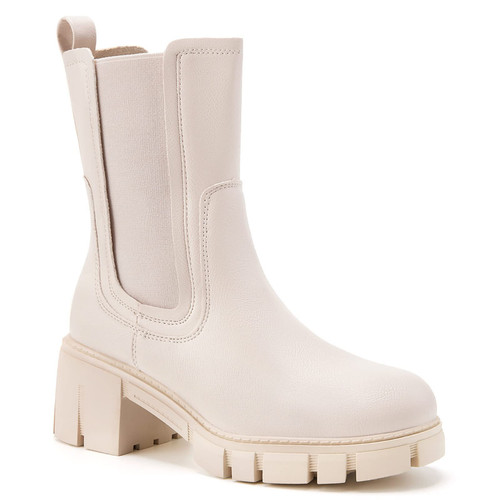 TINSTREE Winter Mid Calf Boots Chunky Heel, Women's Lug Sole Platform Boots Mid Calf Elastic Chunky Block Heel Leather Chelsea Booties White,11