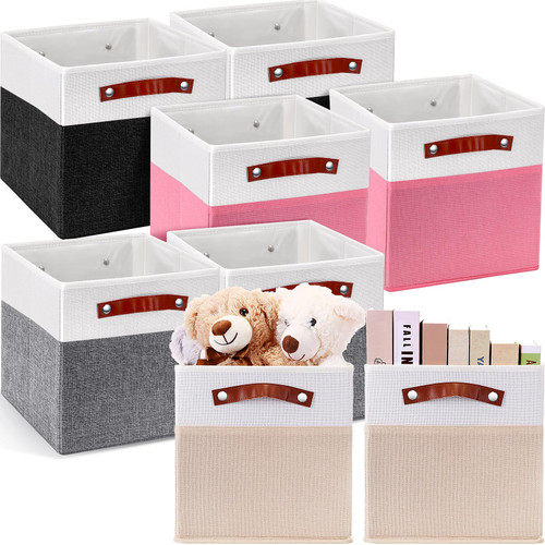 Layhit 8 Pcs Cube Storage Bins Cube Baskets Foldable Cube Storage Bin Cube Baskets for Storage Shelves Fabric Storage Box with PU Leather Handles Storage Organizer Bins Box Storage Cube Organizer