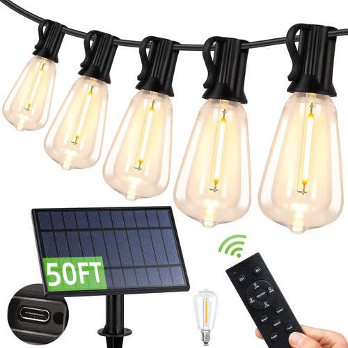 50FT Solar String Lights Outdoor Waterproof, Hanging Solar Lights with 26 Shatterproof ST38 Bulbs, Dimmable Patio Lights Solar Powered with Remote for Outside Balcony Garden Cafe Yard Decor