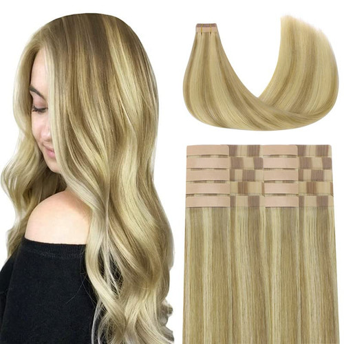 GOO GOO Tape in Hair Extensions Light Blonde Highlighted Golden Blonde Real Human Hair Extensions Seamless Straight Human Hair Extensions 50g 20pcs 14inch GOO GOO Tape in Hair Extensions Light Blonde Highlighted Golden Blonde Real Human Hair Extensions Seamless Straight Human Hair Extensions 50g 20pcs 14inch