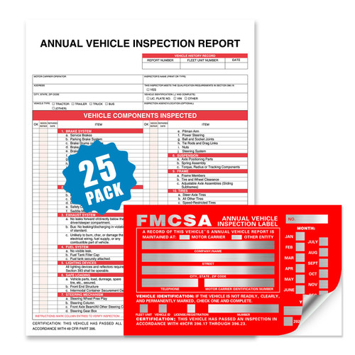 Annual Vehicle Inspection Report Form 25-pk 3-Ply Carbonless, 8.5" x 11.75" + Label Aluminum, Permanent Adhesive 6" x 3.5"