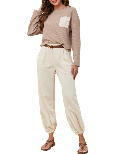 FANCYINN Women's Two Piece Outfits Tracksuit Long Sleeves Pullover Tops and High Waisted Wide Pants Sweatsuit Lounge Sets Light Khaki S