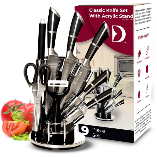 DIO LUDO - Stainless Steel Knife Set 9-Pieces Essentials for the Kitchen with Acrylic Base that Rotates 360 Degrees (cross handle)