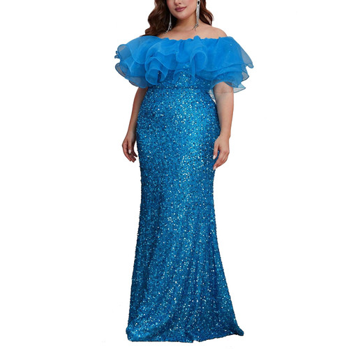 dasmzper Women's Sexy Off Shoulder Sequin Mermaid Dress Lace Sleeves Party Cocktail Bodycon Maxi Dress Blue