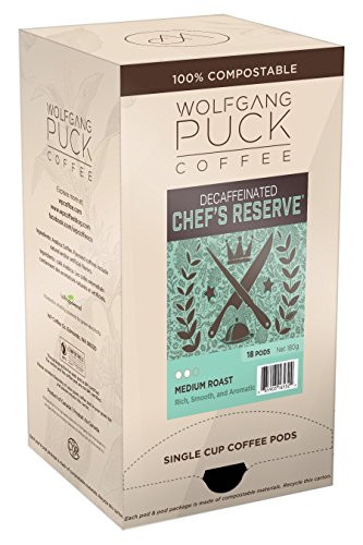 Wolfgang Puck Coffee, Chef's Reserve Decaf Coffee, 9.5 Gram Pods, 6 x 18 Count