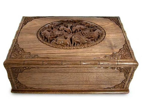 NOVICA Animal Themed Walnut Wood Jewelry Box, Brown, A Walk in The Forest'