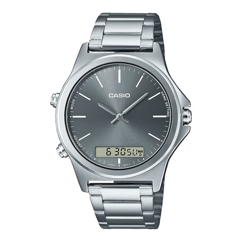 Casio MTP-VC01D-8E Men's Stainless Steel Grey Dial Analog Digital Dual Time Zone Watch