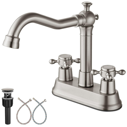 Aolemi 4 Inch Brushed Nickel Bathroom Sink Faucet Centerset Deck Mounted with 2 Cross Handles Vintage Mixer Tap Basin Lavatory Faucet Utility Swivel Spout Pop Up Drain Vanity Brass