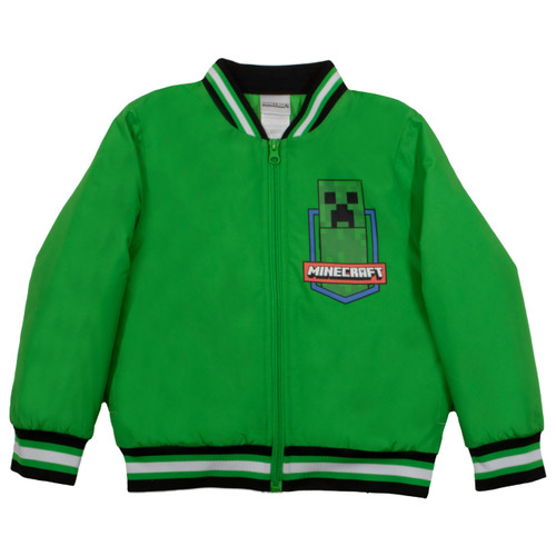 Minecraft Creeper Boys Bomber Jacket, Zip-Up Varsity Jacket for Kids and Toddlers (Size 8, Green)
