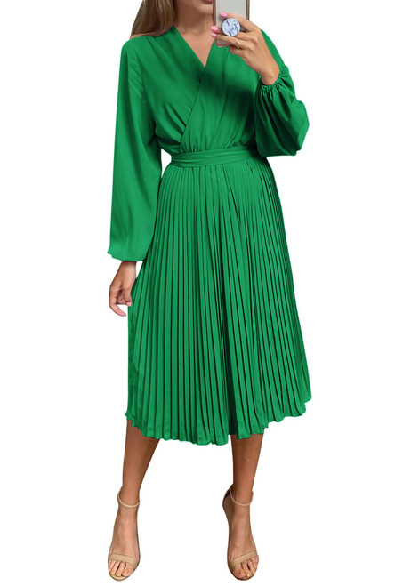 PRETTYGARDEN Women's Fall Midi Dress Long Puff Sleeve Wrap V Neck Flowy Ruffle Pleated Casual Dresses (Green,X-Large)