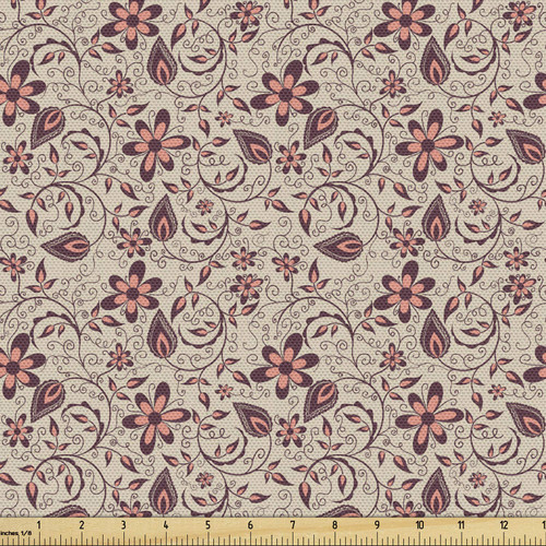 Ambesonne Floral Fabric by The Yard, Blossoming Spring Meadow Pattern in Retro Style with Curly Details, Decorative Fabric for Upholstery and Home Accents, 3 Yards, Maroon Coral