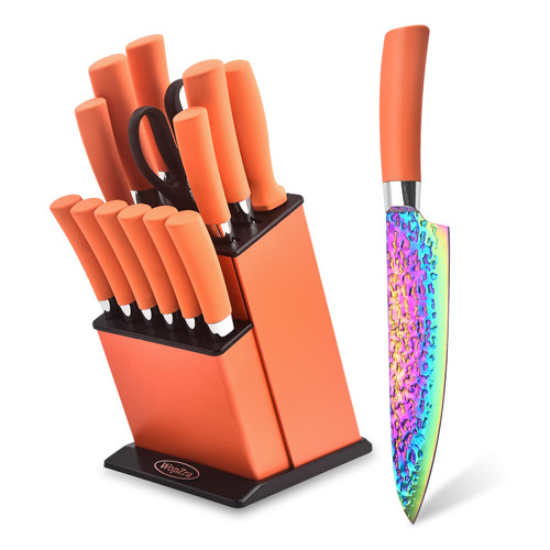 Rainbow Kitchen Knife Set Non Stick Knives Set with Block Thick Blade Cutlery Knife Block Sets Chef Sharp Quality for Home & Pro Use Best Gift (Orange Handle- Rugged Rainbow Blade)
