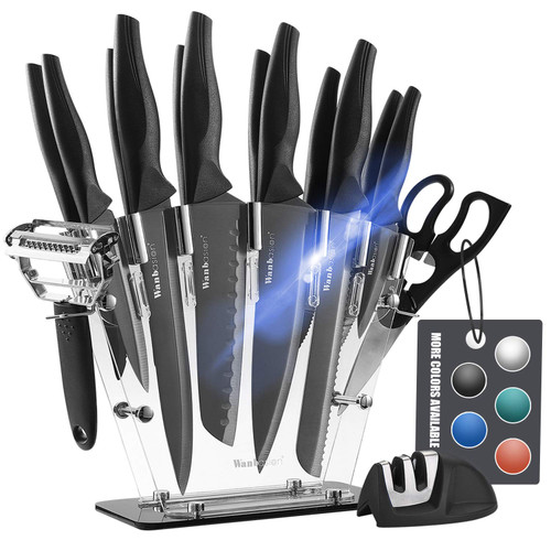 Wanbasion Black 16 Pieces Kitchen Knife Set Dishwasher Safe, Professional Chef Knife, Stainless Steel with Knife Sharpener Peeler Shears Acrylic Block