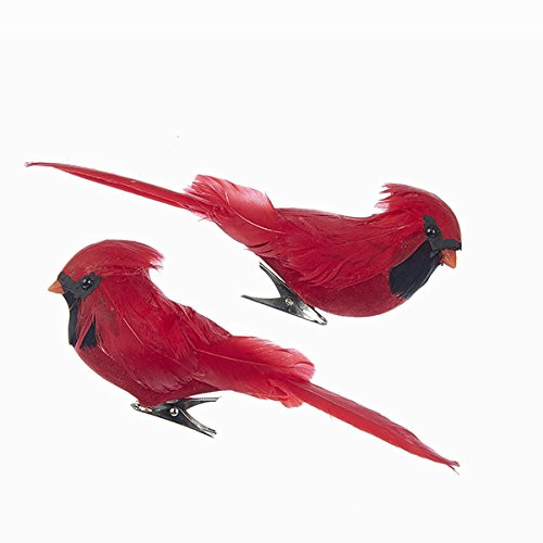 Kurt Adler 1 Set 2 Assorted Red Feather Flocked Cardinals on Metal Clip