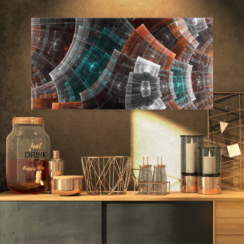 Designart PT11963-32-16 Brown and Blue Fractal Flower Grid Abstract Art on Canvas, 32x16