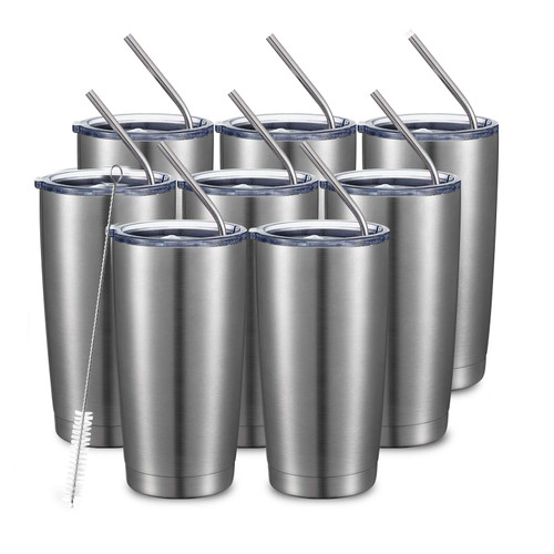 COMOOO 20oz Stainless Steel Tumbler Bulk Double Wall Vacuum Coffee Cup Insulated Travel Mug with Lid and Straw Durable Powder Coated Insulated Coffee Cup for Cold & Hot Drinks (silver, 8 pack?
