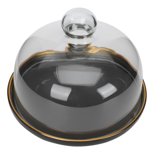 DOITOOL Glass Cake Dome Cake Stand with Cover Round Clear Cloche Dome Cake Display Cover with Ceramic Serving Tray Glass Cake Pan Cover Food Plate for Dessert 7 Inch (Black)