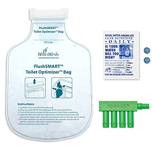 PF WaterWorks Toilet Water Conservation Kit - Toilet Tank Fill Cycle Diverter, Toilet Tank Optimizer Bag, Flapper Leak Detection Tablets (2); PF0568