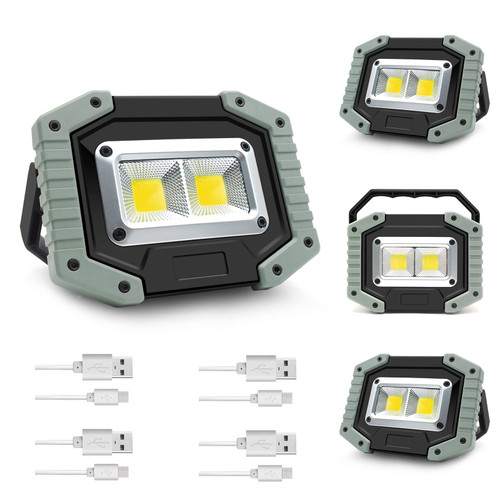 Portable LED Work Light, 30W 1500LM Rechargeable Waterproof COB Floodlight, Super Bright Camping Lights with Stand Built-in Power Bank for Indoor Outdoor Lighting, Gray, 4Pack