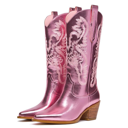 GOSERCE Western Cowboy Mid Wide Calf Boots Pull-Up Tabs Embroidered Sparkly Glitter Metallic Cowgirl Boots for Women Pointy Toe Chunky Low Heel 2.5" Pink,6