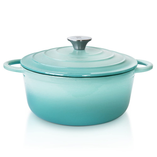 Trustmade 3 QT Cast Iron Dutch Oven, Enamel Coated Cookware Pot with Self Basting Lid for Home Baking, Braiser, Cooking, Aqua