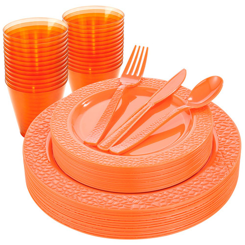 Nervure 150pcs Orange Plastic Plates with Hammered Silverware - Disposable Plastic Plates include 25Dinner Plates, 25Dessert Plates, 25Knives, 25Forks, 25Spoons & 25Cups for Thanksgiving Party