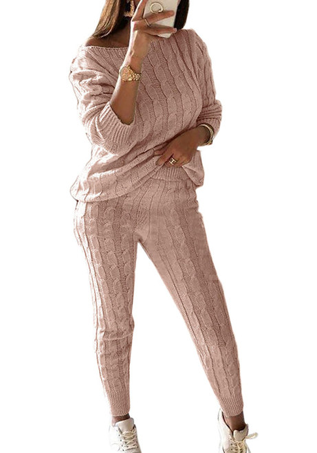 MolisryWomen Sweatsuit Knit 2 Piece Outfit Solid Long Sleeve Pullover Top + Long Pants Set Tracksuits