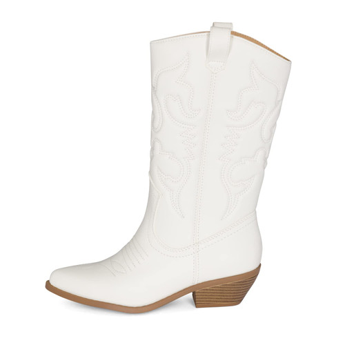 Chariot & Co Ring- Women's Cowboy/Cowgirl Pull On Western Stacked Heel Mid Calf Almond Pointed Toe Boots (White PU/L-Nude, us_footwear_size_system, adult, women, numeric, medium, numeric_6)