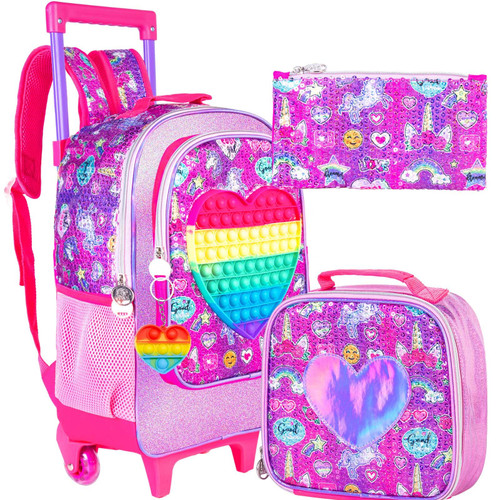CCJPX 3PCS Kids Rolling Backpack for Girls, Unicorn Roller Wheeled Bookbag Toddler Elementary School Bag with Wheels Purple
