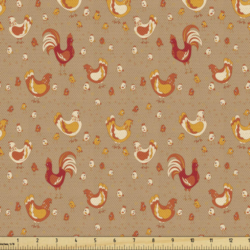 Ambesonne Hen and Chicks Fabric by The Yard, Doodle Pattern of Rooster Chicken and, Decorative Fabric for Upholstery and Home Accents, 3 Yards, Camel Vermilion