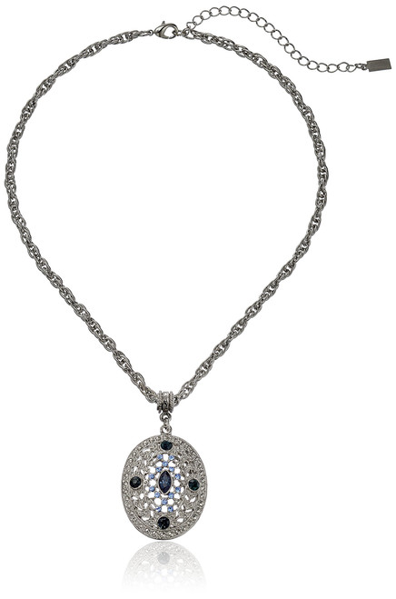 1928 Jewelry Silver-Tone Blue Crystal Filigree Oval 16" Adjustable Pendant Necklace, 16" + 3" Extender 1928 Jewelry Silver-Tone Blue Crystal Filigree Oval 16" Adjustable Pendant Necklace, 16" + 3" Extender