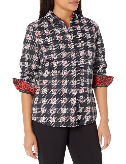 Foxcroft Women's AVA Long Sleeve Dotted Buffalo Plaid Blouse, Black, 16