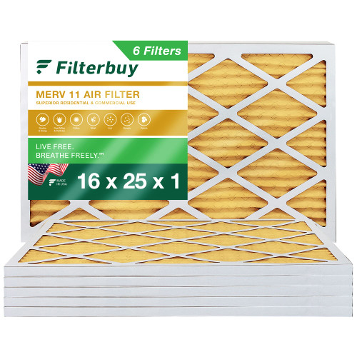 Filterbuy 16x25x1 Air Filter MERV 11 Allergen Defense (6-Pack), Pleated HVAC AC Furnace Air Filters Replacement (Actual Size: 15.50 x 24.50 x 0.75 Inches)