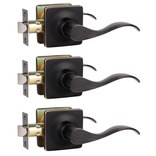 GOBEKOR 3 Pack Passage Door Handle Oil Rubbed Bronze Square Passage Interior Door Levers Hall Closet Door Handles Interior Lever Door Handle with Lock