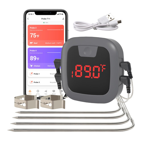 HBN Bluetooth Meat Grill Thermometer with 4 Probes, Wireless Barbecue Cooking Thermometer with Alarm & Timer, Rechargeable BBQ Thermometer for Smoker, Oven, Kitchen