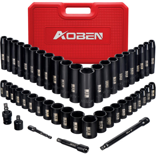 AOBEN 3/8-Inch Drive Impact Socket Set, 49 Pieces, 6 Point, SAE/Metric, (5/16" - 3/4", 8mm - 22mm), Deep/Standard, Cr-V Steel, Includes Extension Bars and Adapter