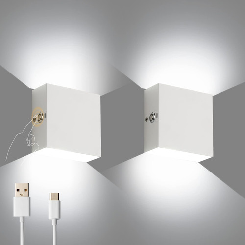 LIGHTESS Touch Control Wall Sconce Battery Powered Set of 2, White Wall lamp Rechargeable, Up Down Wall Mount Lights Dimmable, Cool White, LG9939114