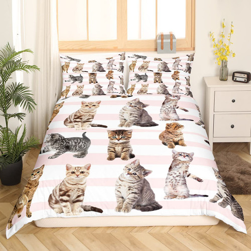 Feelyou Kawaii Cat Duvet Cover King Size Pink Stripe Comforter Cover Cute Kitten Bedding Set Gift for Cat Lovers Bedspread Cover for Kids Boys Girls Adults with 2 Pillow Case Feelyou Kawaii Cat Duvet Cover King Size Pink Stripe Comforter Cover Cute Kitten Bedding Set Gift for Cat Lovers Bedspread Cover for Kids Boys Girls Adults with 2 Pillow Case