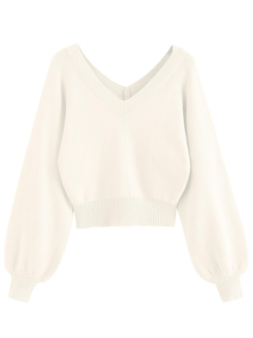 ZAFUL Women's Cropped Sweater V-Neck Long Sleeve Crop Sweater Pullover Jumper Knit Top (1-White, M)