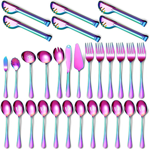 Rainbow Serving Utensils,31 Pcs Stainless Steel Serving Utensil with Serving Spoon,Slotted Spoons,Serving Forks,Soup Ladle,Serving Tongs,Pie Server,Cake/Butter Knife Serving Utensils Set for Parties