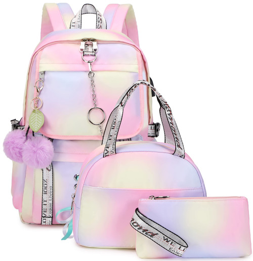 Hey Yoo School Backpack for Girls Backpack with Lunch Box School Bag Bookbag Aesthetic Cute Backpack Set for Teen Girls (Pink)